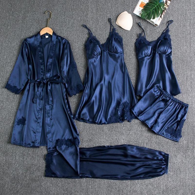 2025 new model 5PC Silk Robe Sleep Suit Womens Lace Satin Pajamas Gown Set V-Neck Cami Nighties Wear Pijama Home Nightwear Spring Nightdress 3
