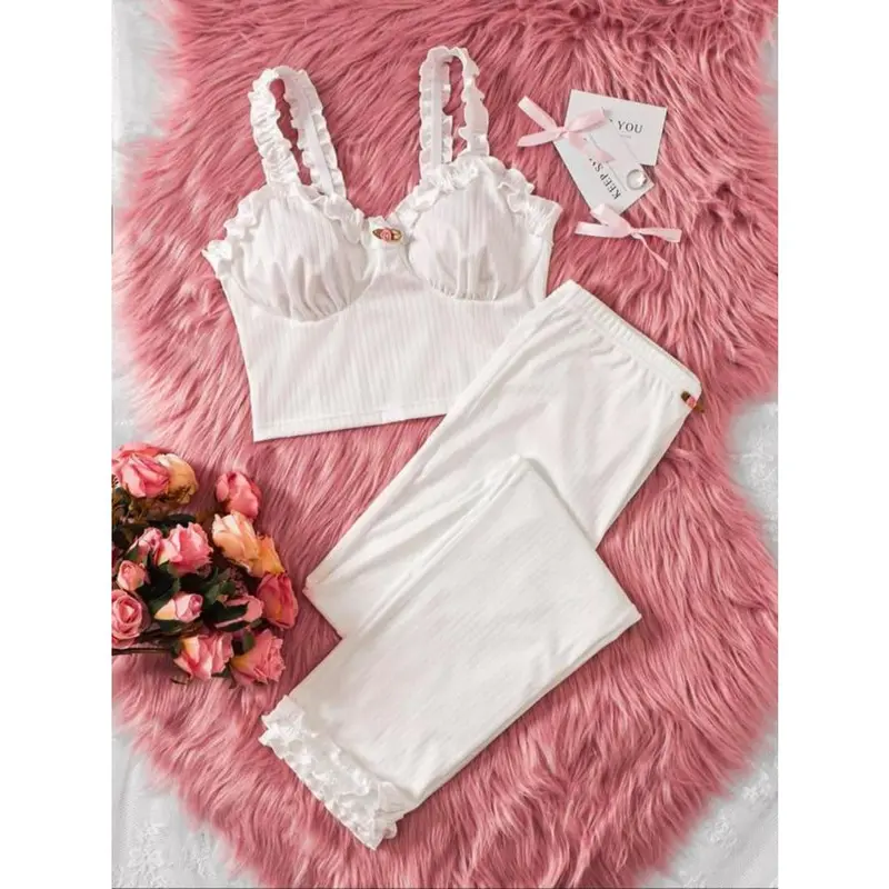 Frill Trim Backless Crop Cami Top & Elastic Waist Pants Pajama Set, Y2k Wear Streetwear Lady Comfort Sleeveless Top & Flower Decor Trousers Pj Set, Summer Wear 2024, Ladies Sleepwear Homewear, Lounge Sets, Pajama Sets 2 Piece Set for Girls, Grace Pyjamas 0