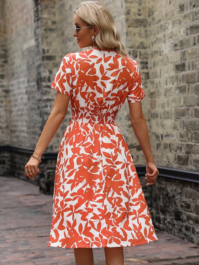Product Introduction of Floral Wrap Neck Dress, Elegant Short Sleeve Dress For Spring & Summer, Women's Clothing 1