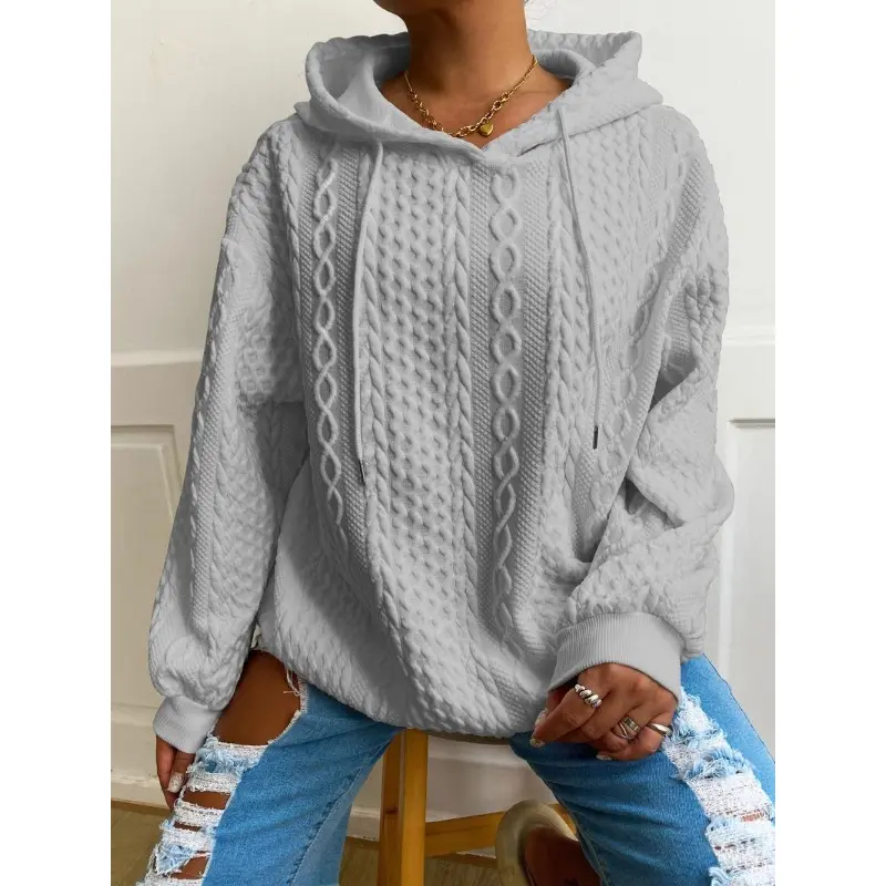 Plus Size Casual Hoodie, Women's Plus Solid Ribbed Long Sleeve Slight Stretch Hoodie Drawstring Sweatshirt Womenswear Tops Comfort Pullover Basic Minimalist 6