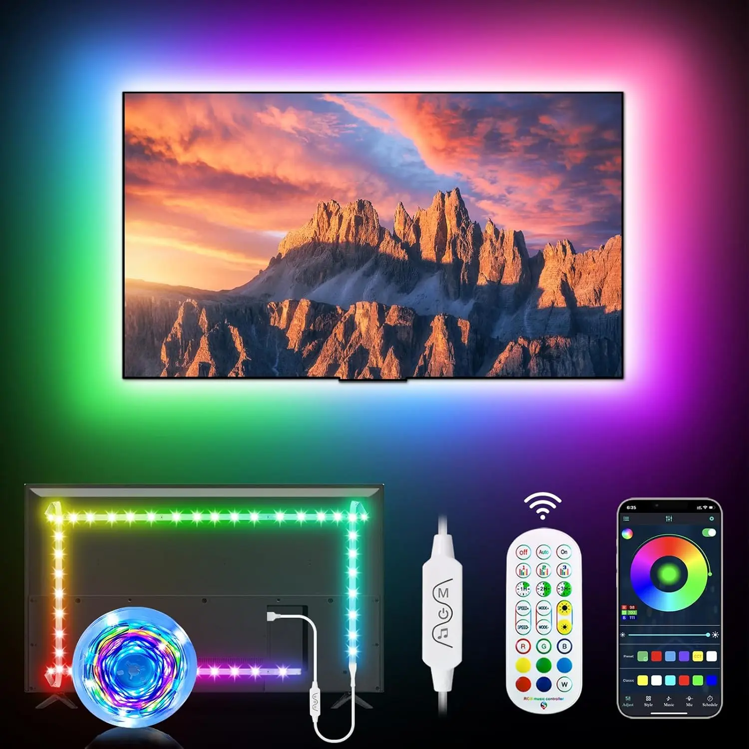 LED TV Backlights, 9.8FT TV Led Lights for 32-60 inch TV Behind RGB Music Sync TV Lights Rainbow Color changing Led Lights for TV with Remote APP Control USB Led Strip Lights for Room Xmas Decor [Energy Class F, Smart LED TV for Home Decor