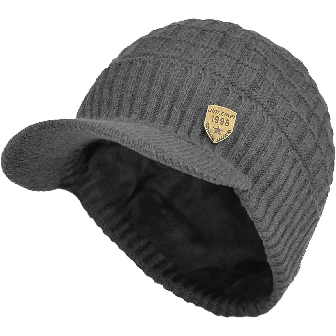 Men's Winter Hat with Peak Warm Knitted Beanie Cap with Fleece Lining