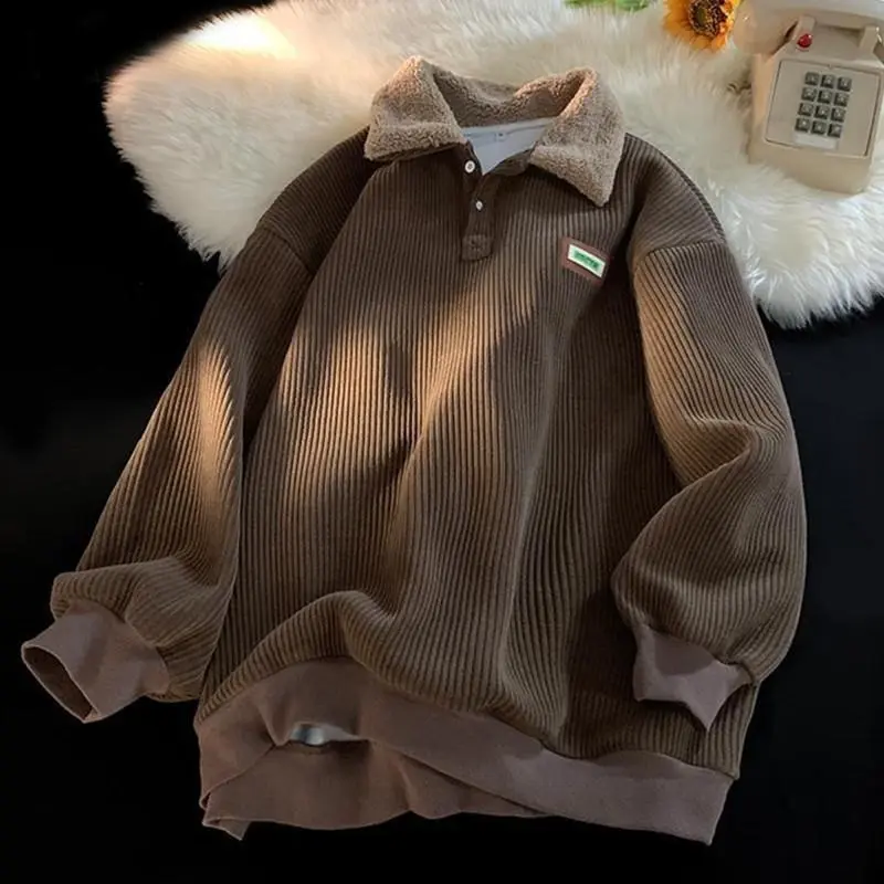 2025 Corduroy Polo  sweater couple autumn and winter style plus velvet thickened simple fashion lamb wool coat, Men's Sweatshirts Menswear Hoodie Tops Underwear Long Sleeve Pullover Wetsuit Human Longsleeves