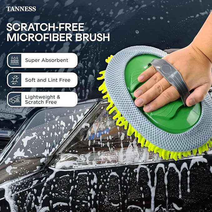 TANNESS Car Cleaning Brush | Microfibre Mop with Mittens | Car Wash Kit for Cleaning Van Truck Caravan | Scratch Free 2 x Mop Heads | 1 x Extendable Pole 60-106cm with 3 Sections Cleaning Products 1