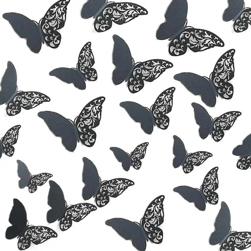 36 Pcs Black 3D Butterfly Wall Decor Half Skeleton Removable Butterfly Wall Stickers for Party Birthday Baby Shower Bedroom Wedding Crafts Decor