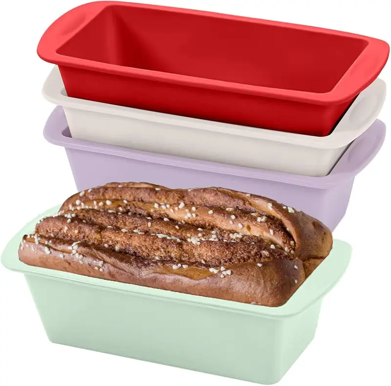 Mini Loaf Tins, 4 Pack Silicone Bread Pan for Baking, 1Lb Non-Stick Baking Trays for Air Fryer, Rectangle Cake Moulds for Cakes, Breads or Loaves, 16 x 8.5 cm Bread Making Accessories 0