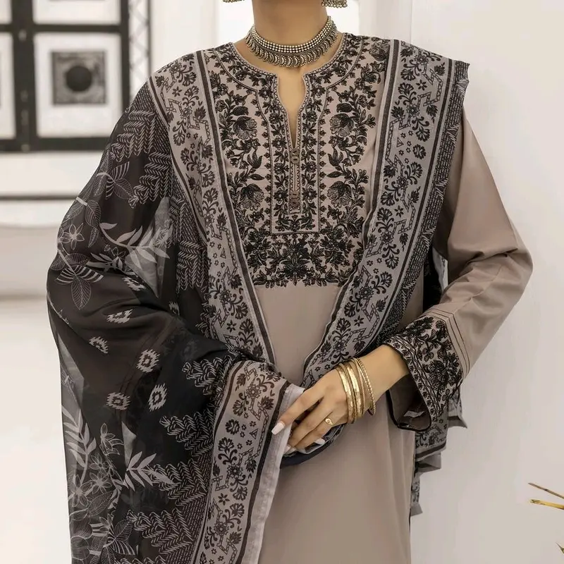 Brown 3pc embroidered chiffon lawn dresses with Printed Dupatta Cotton Embroidery Womenswear 2