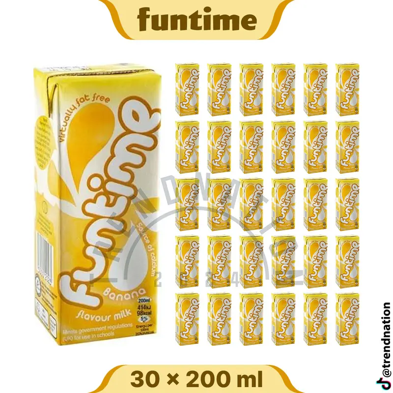 Fun Time Banana Skimmed Milk Drinks 30 x 200ml Cartons with Straw - Virtually Fat Free Beverage Dairy Milky 0