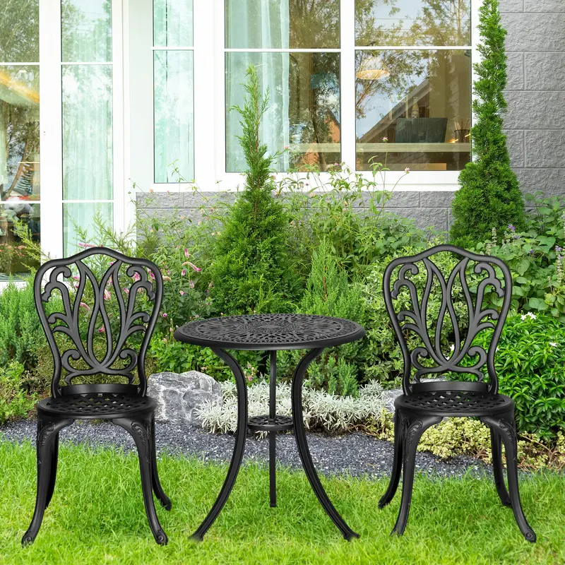 Outsunny 3 Piece Garden Bistro Set, Cast Aluminium Outdoor Furniture Set with Umbrella Hole for Balcony, Porch, Patio 1