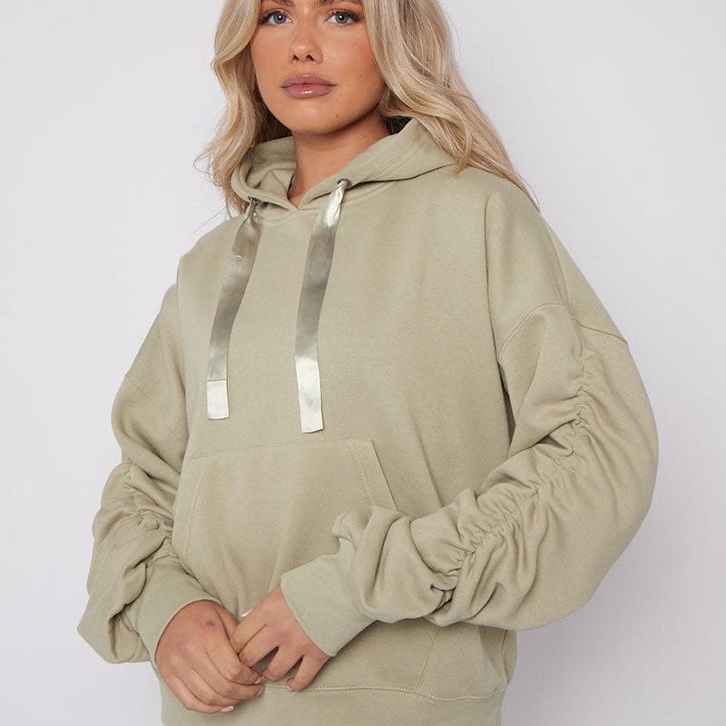 Nellys Women's Ruched Hoodie - Stone, Oversized Design, Pocket, 50% Cotton 50% Polyester - Menswear 1