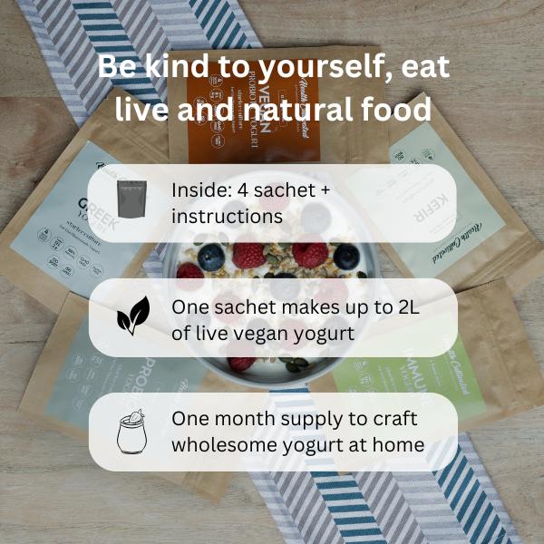 Vegan Yogurt Starter Culture to Make Wholesome Soya Yogurt at Home with 12 probiotics for gut health incl. L.Rhamnosus, L.Casei, L. Acidophilus & Bifidobacterium Infantis | Pack of 4 sachet = 8 Liters of Live & Natural Homemade Yogurt ( 1 month supply ) d 4