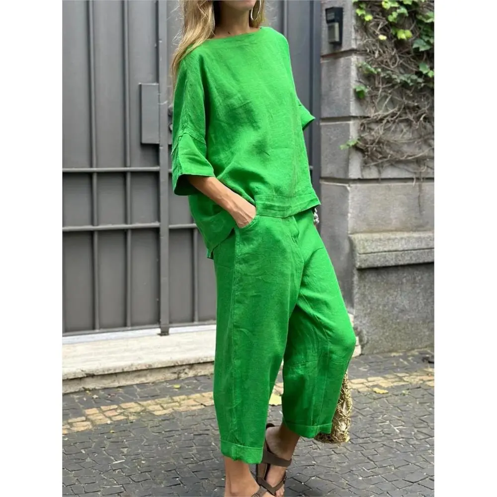 Fashion Cotton Linen Women Suit Casual Half Sleeve O Neck Top And Loose Pocket Pants 2 Piece Set 2025 Spring Summer Sets Female