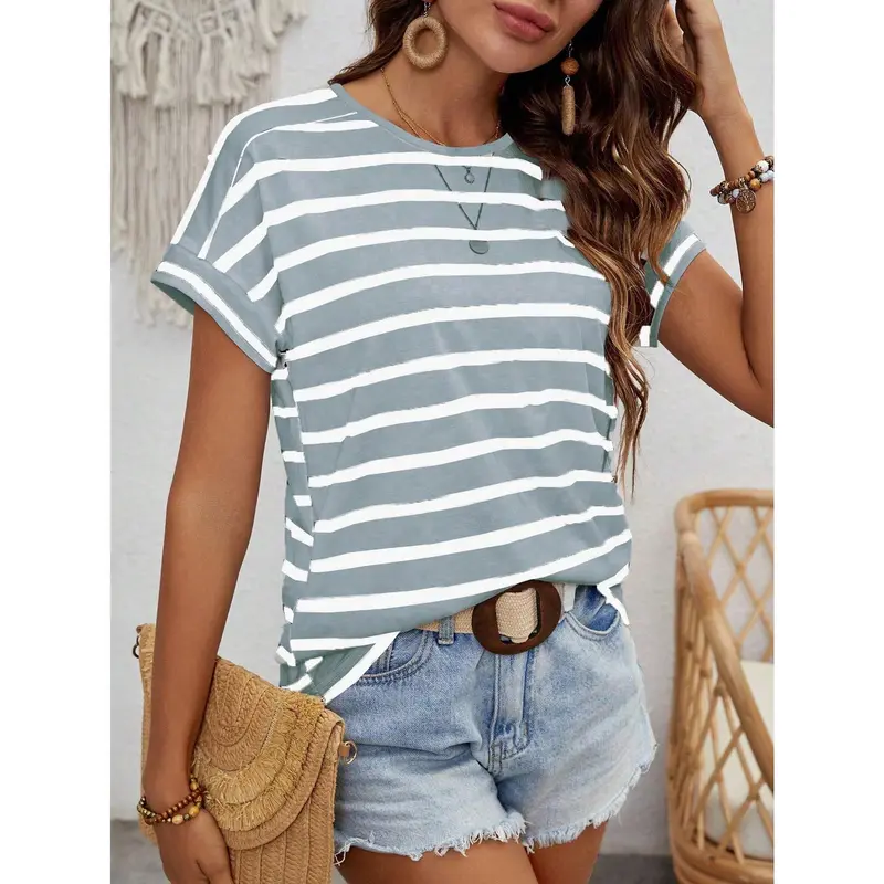 LUNE Women's Summer Striped & Printed Round Neck Batwing Short Sleeve Casual T-Shirt Graphic Tees Women Tops Fabric Fit 2