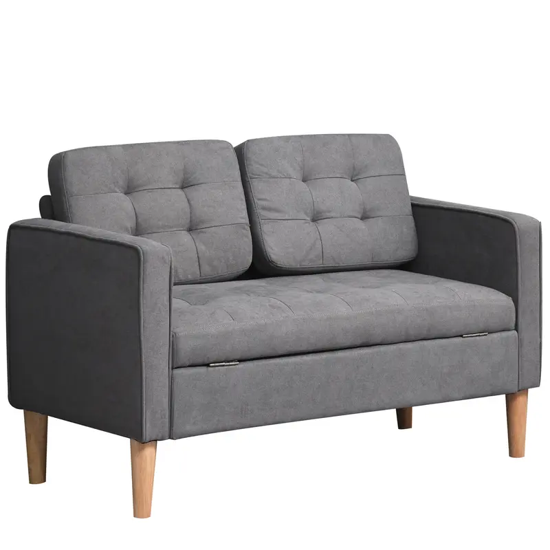 HOMCOM Modern 2 Seater Sofa with Hidden Storage, 117cm Tufted Cotton Couch, Compact Loveseat Sofa with Wood Legs, Grey 0