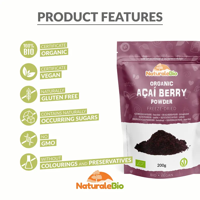Organic Acai Berries Powder - Freeze-Dried - 200g. Brazilian Acai, Lyophilised, Raw. Extract from Açai Berry Pulp. Vegan & Vegetarian Friendly 2