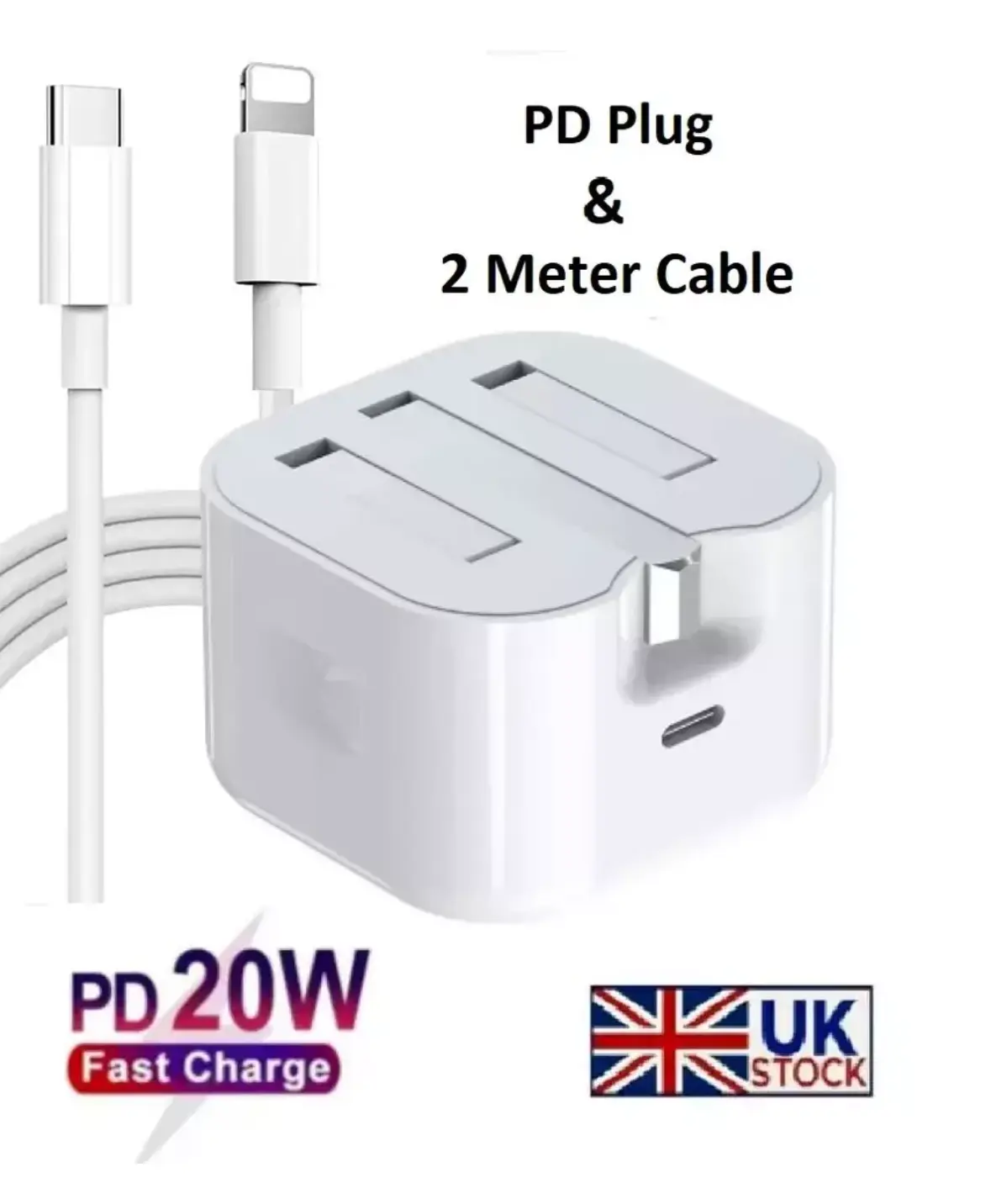 20W USB-C Fast Charger Type C PD Power Adapter Wall Charge Cube Plug with 2M Cable | Compatible with Apple iPhone, USB-C Charger & Type C Plug Adapter | UK Plug USB-C Charger Plug Charging Device Smartphone Game Electronic Cellphone Mobile Cord