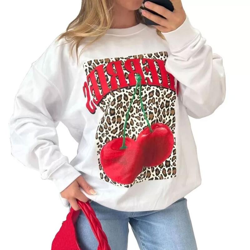 Ladies CHERRIES Slogan Cherry Leopard Print Pullover Baggy Sweatshirt Jumper 8-22 Womenswear Hoodie Sweaters  Women Long Sleeve Crewneck Tops 4