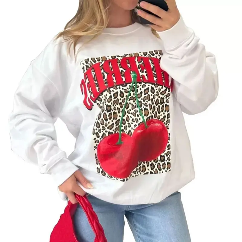 Ladies CHERRIES Slogan Cherry Leopard Print Pullover Baggy Sweatshirt Jumper 8-22 Womenswear Hoodie Sweaters  Women Long Sleeve Crewneck Tops 3