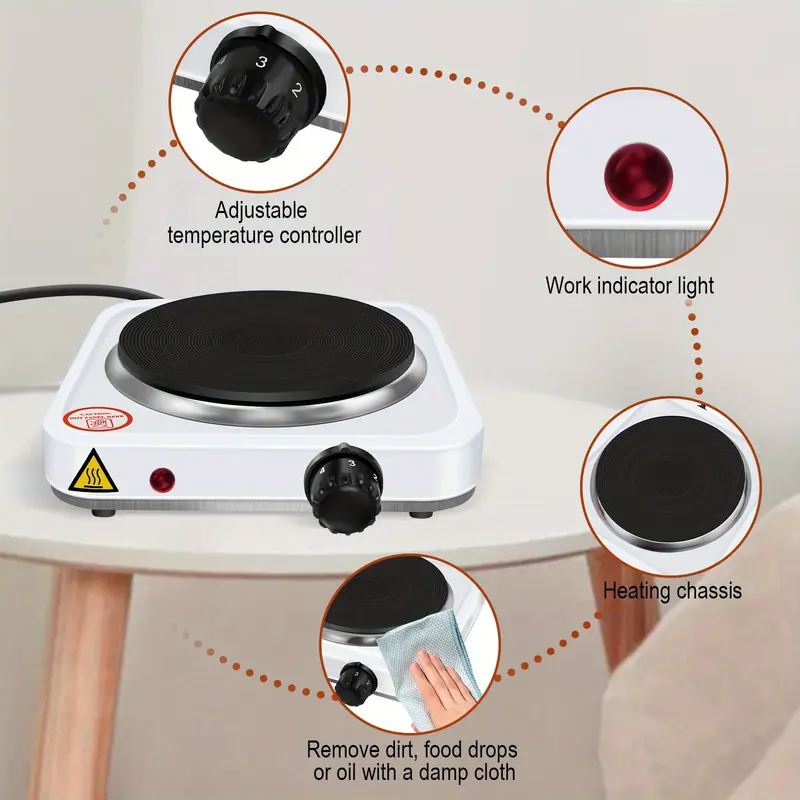 1000W Single Hot Plate Table Top Cooking – Stainless-Steel Heating Plate - Portable Electric Hob Single Burner with 5 Adjustable Thermostat for Home Kitchen Camping & Caravan Cooking 6