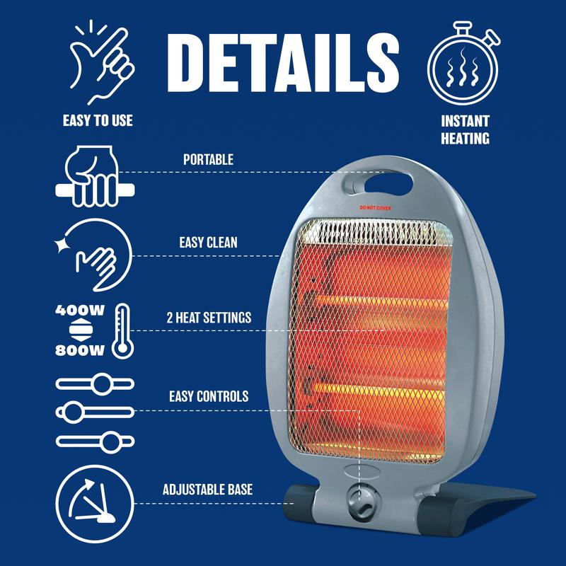 800W Halogen Heater - Instant Heat With Two Settings | Ideal For Winter - Home, Office, Living Room, Caravan, Garages | 2 Bars Quartz - Compact, Silent, Energy Saving Heater, Durable & Long Lasting 3