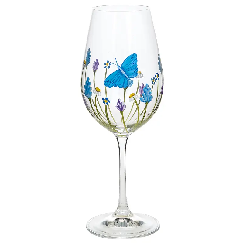 Shudehill Giftware Hand Painted Floral Design Wine Glass - Lavender, Poppy, Daisy, Butterfly, Bee, Dragonfly, Meadow Unique Pretty Designs Drinkware Drink 3