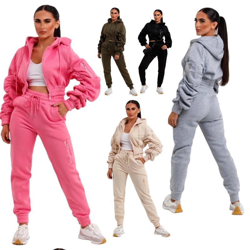 Women's Crop Rushed Hooded Zip set Oversized 2 Piece Loungewear Tracksuit Co-Ord Joggers  Top Set Size 8-16 Comfort Long Sleeve Womenswear Breathable Casual Comfortable Fitness Pants Coat Drawstring Pockets Soft Stretchy  Trouser Fabric viral  lounge 0