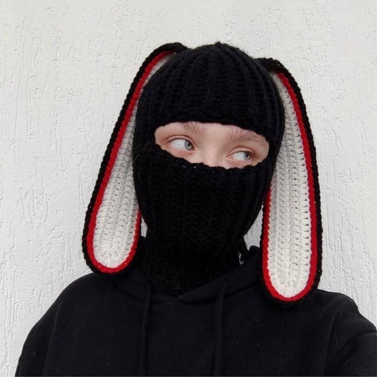 Explosive Rabbit Ear Hat Autumn and Winter Balaclava Neck Mask in One Knitted Hat 0