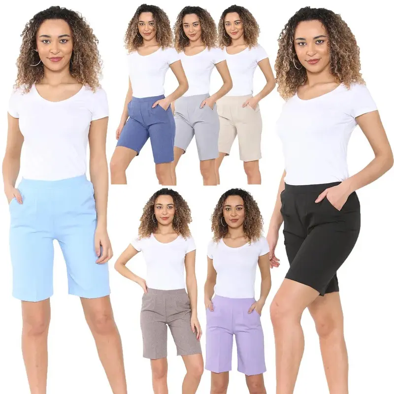 Womens Shorts Ladies Half Elasticated Waist Plain Capri Cropped Stretch Short Length Summer Joggers Running Gym Sports Pool Beach Holidays Pants Causal Lounge Wear Bottoms Size 10 to 24 Comfort Basic Straight Trouser Minimalist Womenswear 0