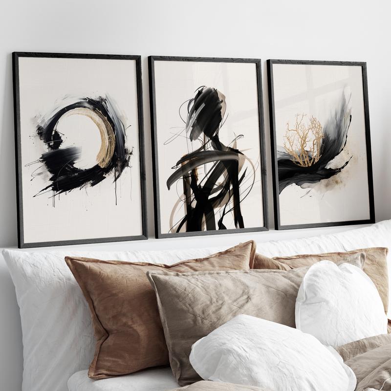 Abstract Wall Art Prints Set of 3 Unframed Black Gold Geometric Contemporary Poster Prints Home Decor 0