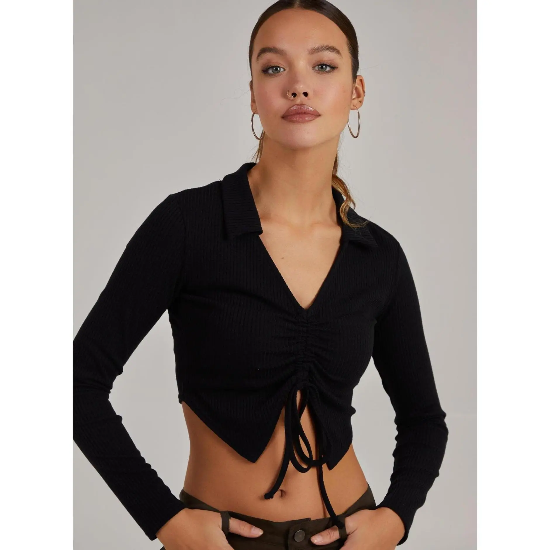 Pink Vanilla Long Sleeve Gathered Rib Top - Womenswear - Womens Outfit - Clothing - Blouses & Shirts