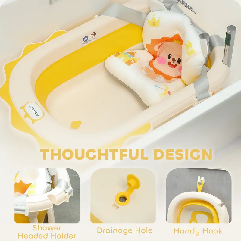 AIYAPLAY Baby Bath Tub Set, Foldable Baby Bath Tub Newborn to Toddler with Support Cushion Pad Seat, Wash Basin, Non-slip Stand & Bottom, Portable Travel Collapsible Baby Bath Set for Infant, Yellow 5