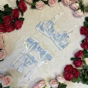 LILIOSA LINGERIE LIVE Serenity Elegant Blue Floral Lace 3 Piece Lingerie Set (Bra + Garter + Pants)  Comfortable Underwear Womenswear, Adjustable Spaghetti Straps, Soft Light Lace, Elegance Floral Embroidery Feminine Sheer, Bridal Lingerie Style