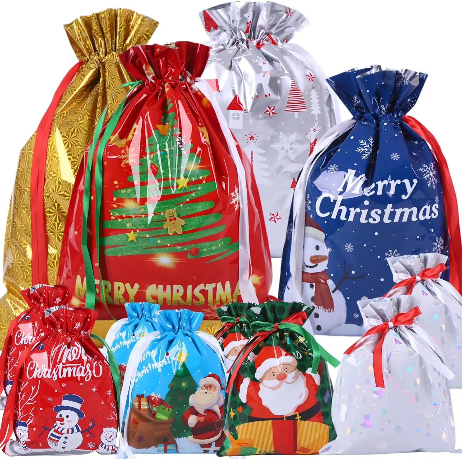 12 Pcs Foil Gift Bags Christmas Drawstring Gift Wrapping Bags,Multipack Large Present Sack, Shimmer Foil Wrap Bags Goody Bags, Jumbo Christmas Bag, Reusable Large Drawstring Foil Bags for Gift Xmas Party