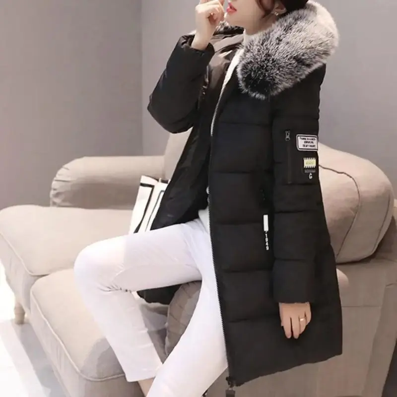 Women Winter Cotton Coat Hooded Mid Length Outerwear Windproof Warm Long Sleeve Jacket Solid Color Slim Fit Lady Down Coat 2