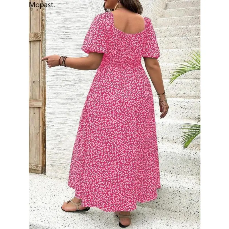 【Plus Size】 Ditsy Floral Print Split Thigh Dress, Boho Puff Sleeve Tie Front Sundresses, Maxi Dress, Summer Dresses 2024, Daily Wear Ella Thomas Coming Home Outfit, Wedding Guest College Dress Hide Tummy Black Party Dresses, UK Green Dress Lady 7