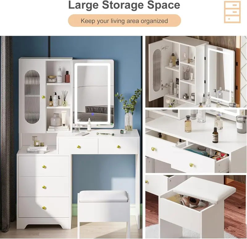 Joolihome Modern Dressing Table Set with Sliding Mirror, 5 Shelves & 5 Drawers, Adjustable 3 colors Light and Soft Stool for Bedroom 6