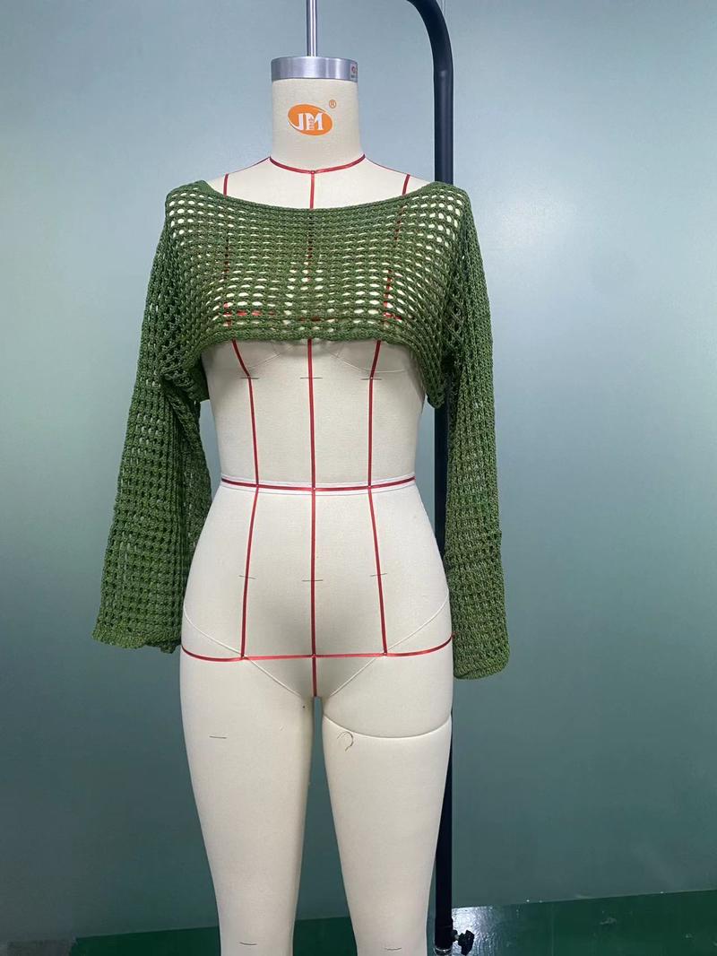 Product Introduction of Women Big Fishnet Long Sleeve Cropped Sweaters Summer Fashion Lady O-Neck Flare Sleeve Hollow Out Short Knitted Pullovers Knitwear Womenswear 9