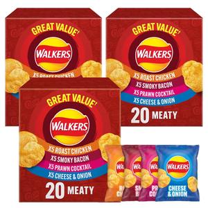 Walkers Meaty Variety Potato Crisps - Pack of 60 x 25g (Flavours: x15 Roast Chicken, x15 Smoky Bacon, x15 Prawn Cocktail, x15 Cheese & Onion) Snack
