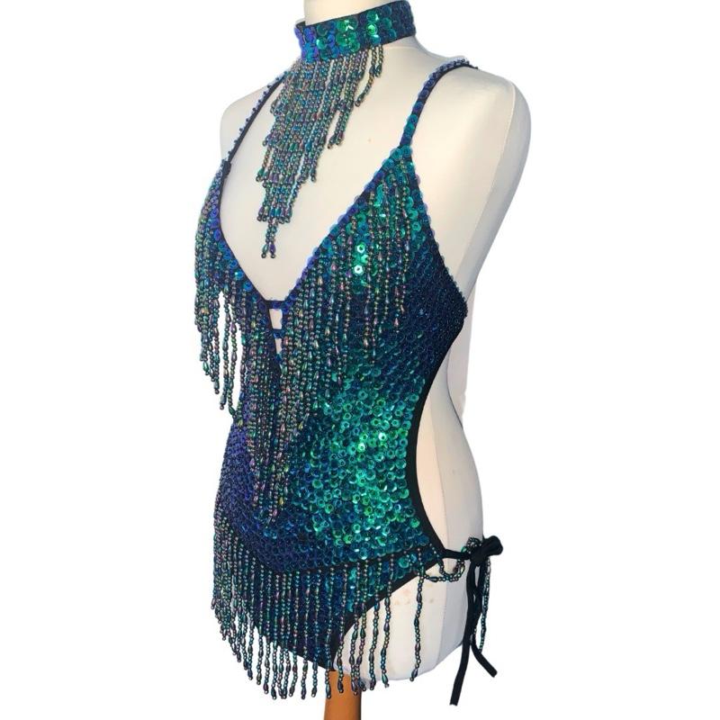Mermaid Green Sequin Tassel Leotard for Women - Festival Fashion & Dance Costume - Comfortable, Statement, Stitch, Fits, Medium, Piece 4