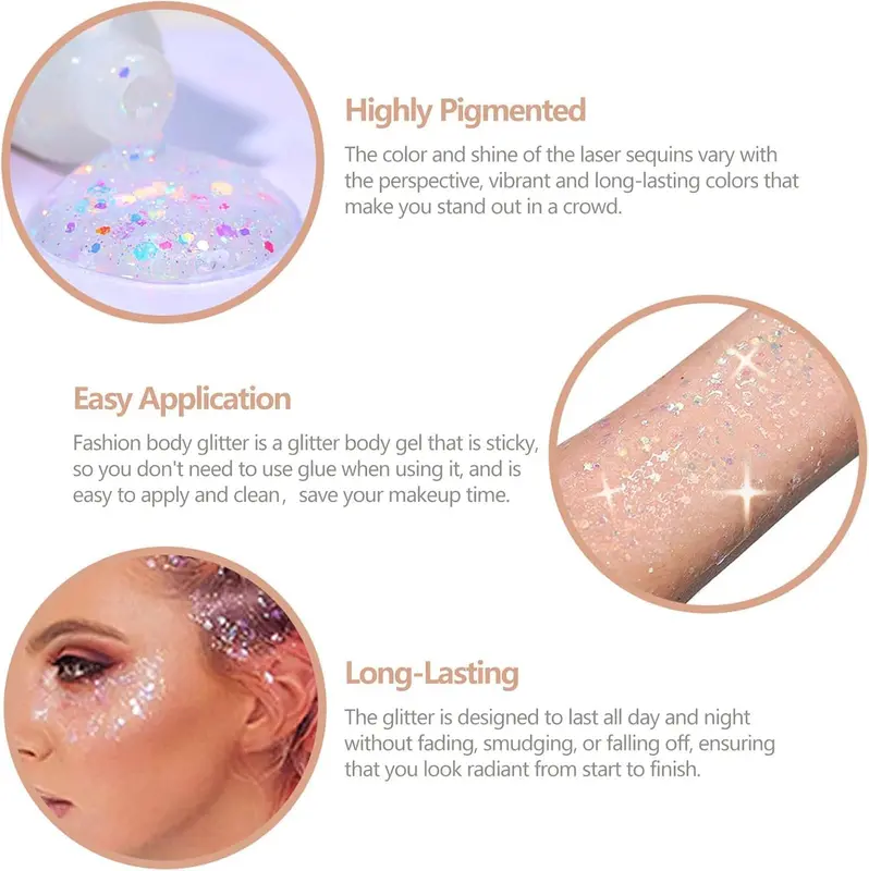 Body Glitter Gel, 50ML Face Glitters Body Gel Sequins Shimmer Liquid Eyeshadow, Mermaid Sequins Liquid Holographic Glitter Gel, Chunky Glitter for Face Hair Nails (White) Makeup Cosmetic 2