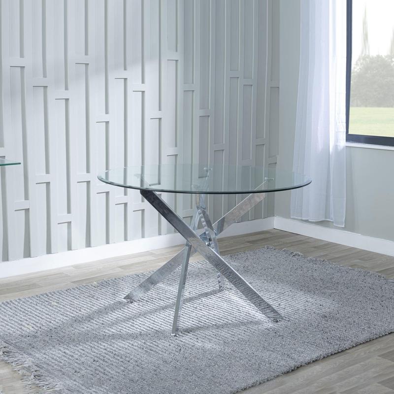 Chopstick Clear Glass and Chrome Metal 4 Seater Round Dining Set - 4 Metro Grey Leather Chairs with Chrome Legs 2
