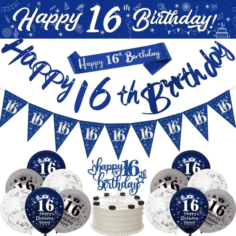 16th Birthday Decorations For Boys,16th Birthday Banners Navy Blue Silver for Him, Happy Birthday Party Decoration,Birthday 9ft Banner Bunting Sash Confetti Latex Balloons Triangle Flags Cake Toppers 0