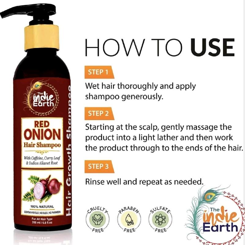 COMBO PACK a of Indie Earth Red Onion Oil 200ml and Shampoo for Anti Hair Loss 200ml Prevent Hair Loss, Smooth, Shine, Strong Roots, Haircare, Comfort Moisturizing Cleanser Gentle 3
