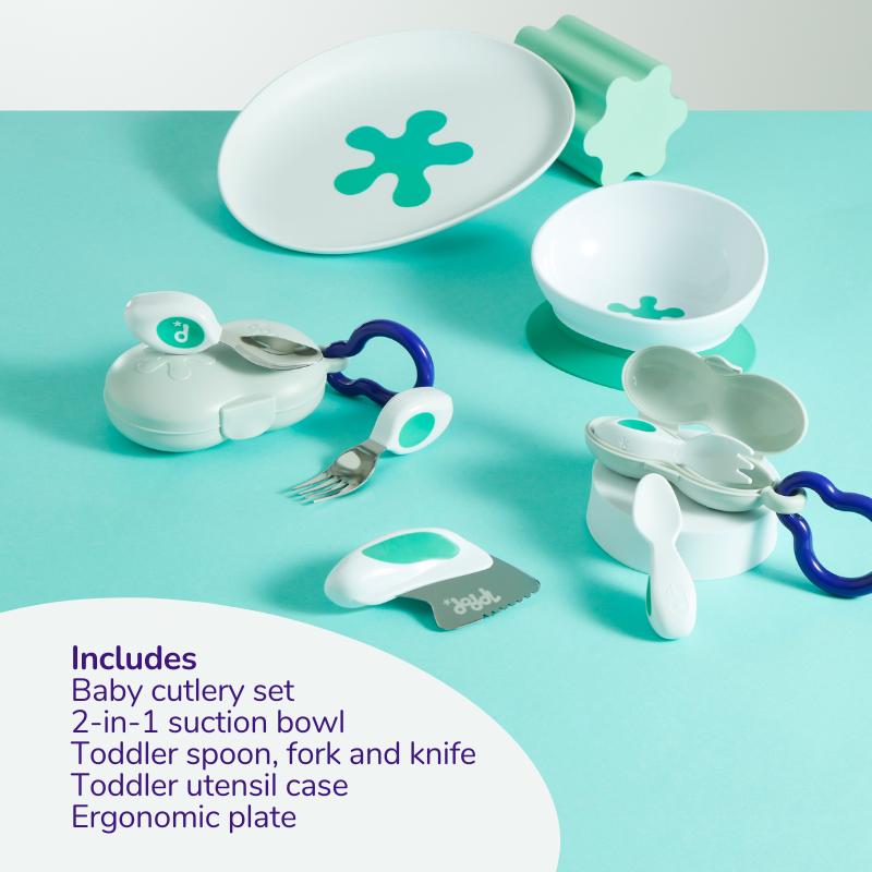 doddl - full Mealtime Set for Baby To Toddler, includes Baby Spoon and Fork, Aqua Suction Bowl, Toddler Spoon Fork and Knife Set with Carry Case and Toddler Plate 2