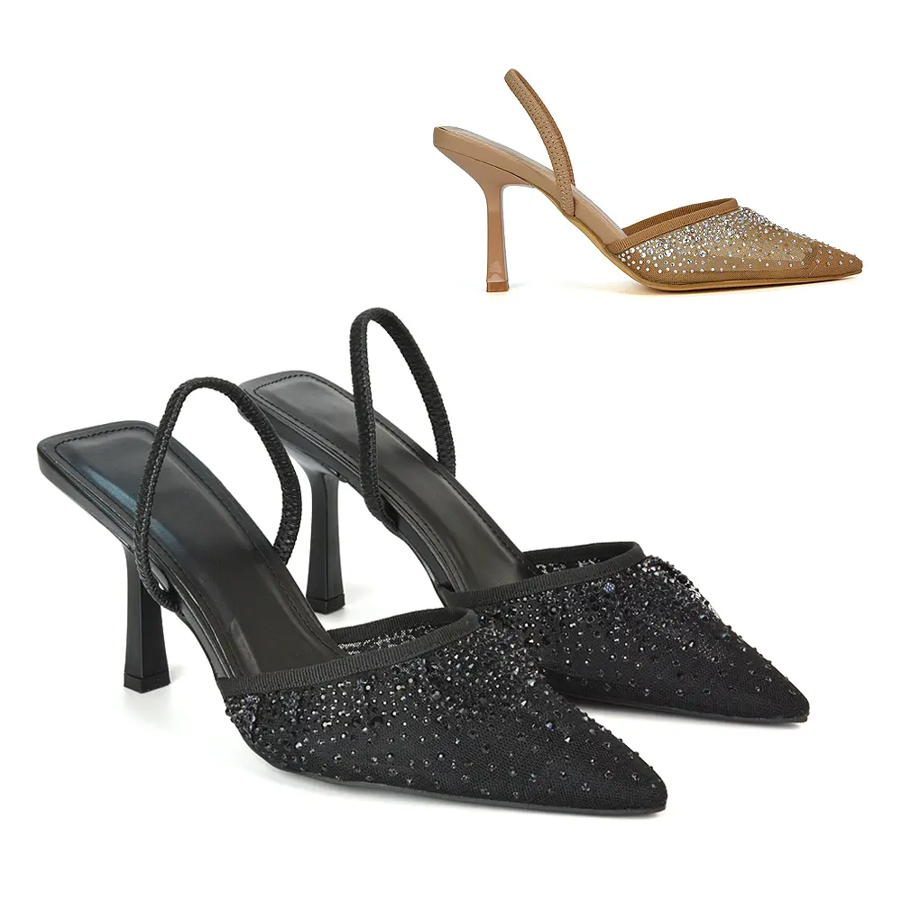 Charlotte Diamante Rhinestone Mesh Pointed Toe Slingback Stiletto High Heels Heeled Classy Shoe Stylish Fashion Elegant Footwear