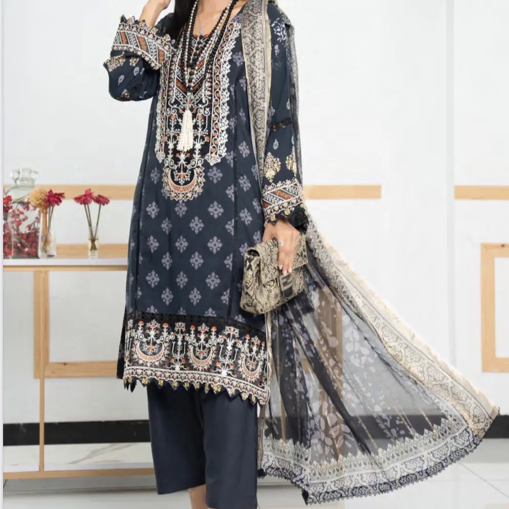 MSL-04 READY TO WEAR THREE PEICE LINEN SUIT BY MUNIRA DESIGNER’s asian  clothing uk Printed Shirt