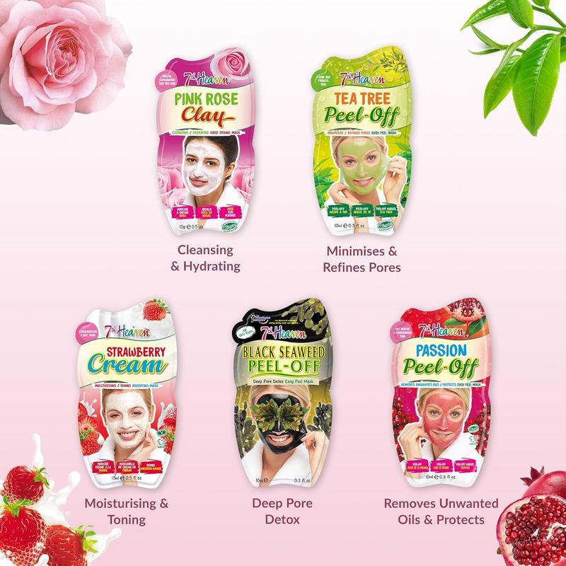 7th Heaven Pamper Hamper Skincare Set - 9 x Face Masks Skincare, 1 x Hair Masks for Dry Damaged Hair and 1 x Body Puff - Gift Set of Peel Off Face Masks & Clay Face Mask Sachets Skin Repair Comfort 1