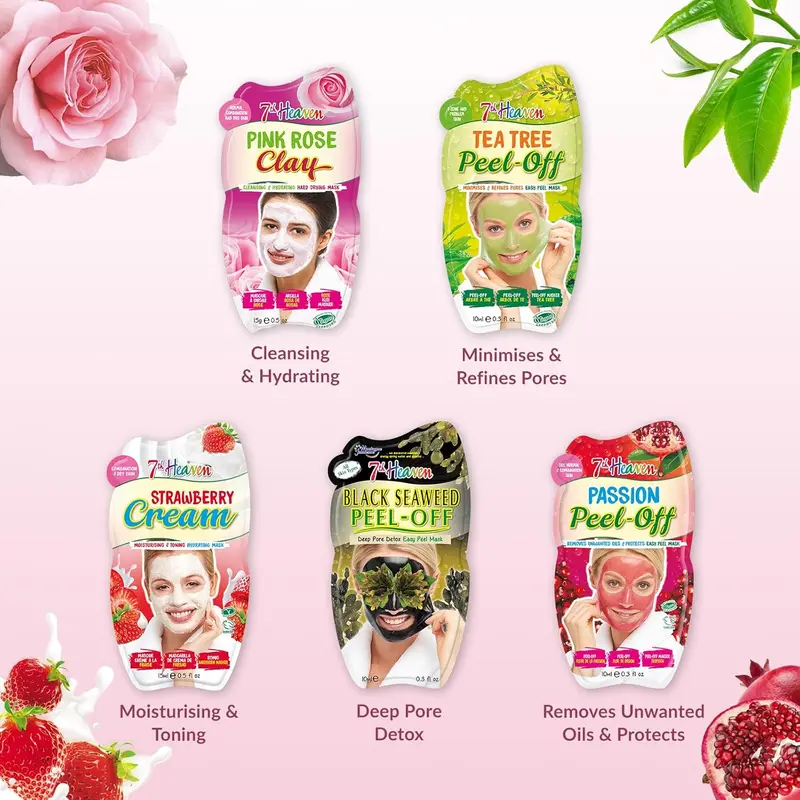 7th Heaven Pamper Hamper Skincare Set - 9 x Face Masks Skincare, 1 x Hair Masks for Dry Damaged Hair and 1 x Body Puff - Gift Set of Peel Off Face Masks & Clay Face Mask Sachets Skin Repair Comfort 1