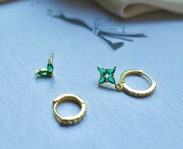 Emerald Gold Hoop Earring Set, Gold Dangle Emerald Hoop, Earring Stack Set, Triple Earring Set For Multiple Piercing, Stacking Earring Set