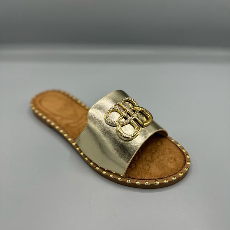 Women's Black Silver Gold Slider Sandal with Soft Cushioning for Summer Holiday- Ladies Flat 1
